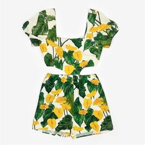FARM Rio Green and Yellow Leaf Print Jumpsuit